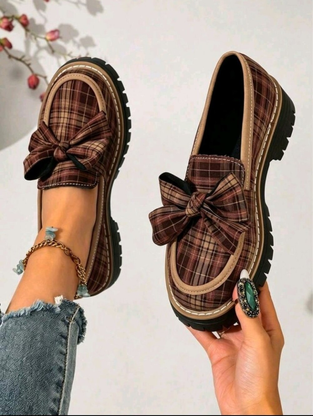 Women Loafers Plaid Bow Decor Platform Slip On Shoes For Adult Women Soft - Picture 1 of 5